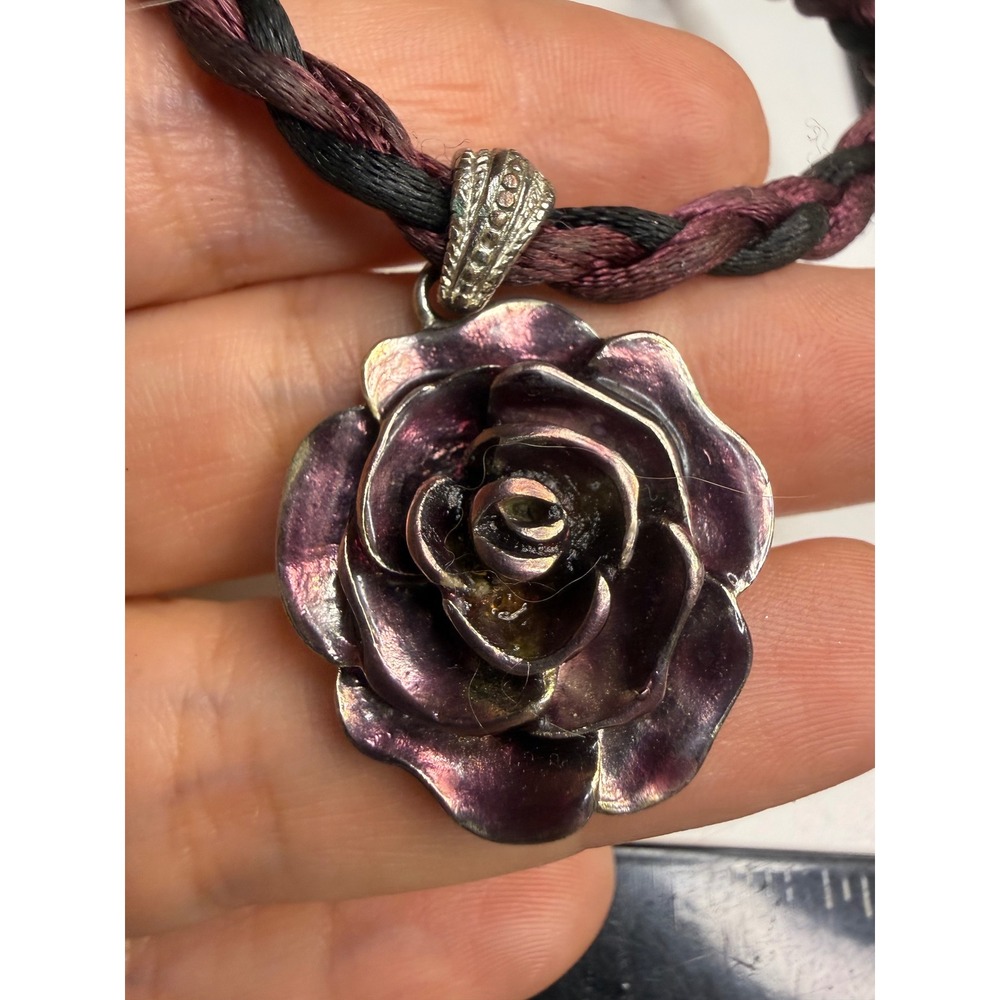 1928 Jewelry Purple Rose Pendant Braided Cord Necklace Silver Tone Gothic Floral